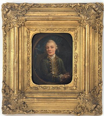 un tableau représentant un homme vêtu d'un manteau vert, dans un cadre doré