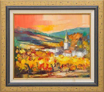 an oil painting of a church on a hill with trees in the foreground