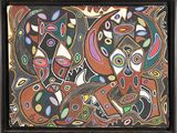 une peinture abstraite représentant un groupe de personnes sur fond noir