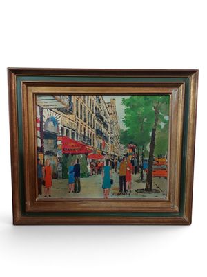 painting of a city street scene with people walking on the sidewalk