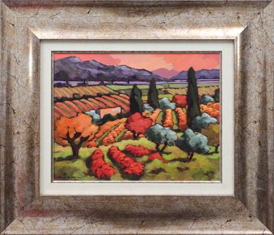 a painting of a landscape with trees and hills in the background