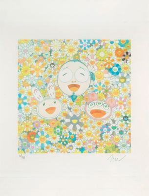 an image of a drawing of a duck and two rabbits in a field of flowers
