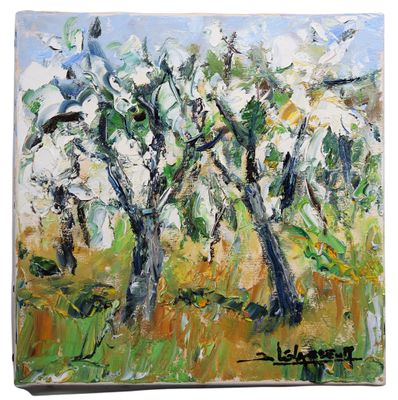 an oil painting of a group of trees in a field