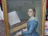 a painting of a woman playing a piano in front of a red curtain