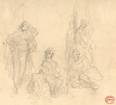 drawing of a group of people sitting on the ground