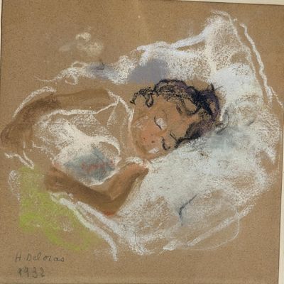 drawing of a child sleeping in a bed with a pillow