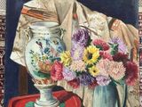 a painting of a vase of flowers on a table