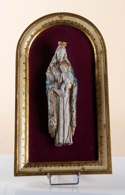 an image of a statue of a woman holding a baby in a gold frame