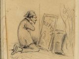 an old drawing of a man sitting on the ground next to a sign