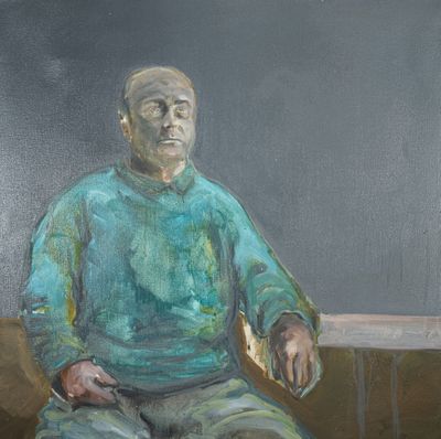 tableau représentant un homme assis sur un banc, un couteau à la main
