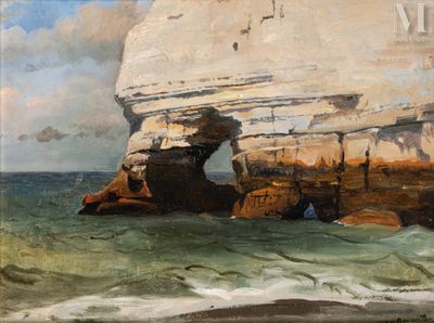 peinture représentant une formation rocheuse au milieu d'un plan d'eau