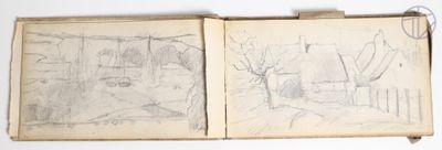 an old book with a drawing of a landscape on it