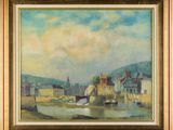 an oil painting of a river scene with boats in the water