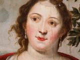 painting of a woman in a white dress with a gold necklace on her neck