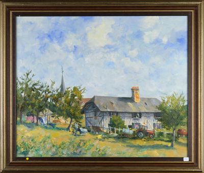 une peinture à l'huile représentant une scène de vie à la ferme, avec une église en arrière-plan