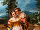 painting of a woman and a child sitting on a stone wall