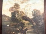 tableau représentant une scène fluviale avec des vaches et des canards dans l'eau