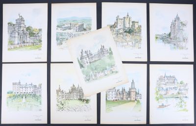 six aquarelles représentant un château avec une tour horloge en arrière-plan