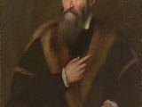 a painting of a man in a fur coat holding a book