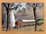 un tableau représentant un train qui avance sur les rails
