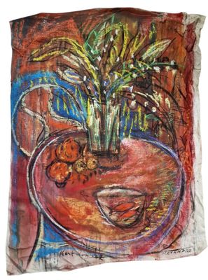 une peinture représentant un vase avec des fleurs sur une table