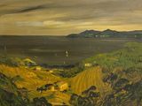 an oil painting of a view of the ocean from a hill