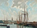 un tableau représentant des bateaux dans un port, avec un château en arrière-plan