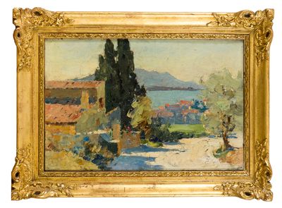 une image représentant un tableau représentant un paysage avec une maison et des arbres