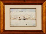 a picture of a painting of a city by the water
