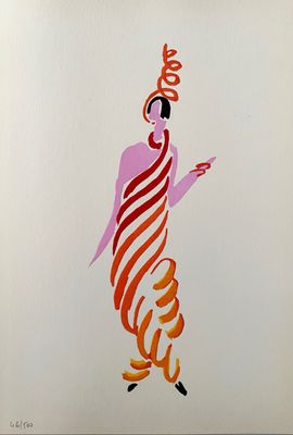 painting of a woman in a striped dress with a pink hat and orange hair
