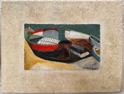 une photo d'un tableau représentant un bateau posé sur une table