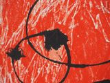 a picture of a painting of a woman with a red background