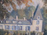 an oil painting of a large white building with a clock tower