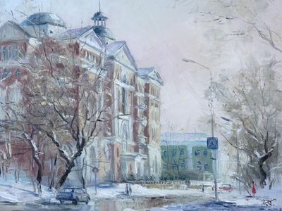 ECOLE RUSSE CONTEMPORAINE Ville enneigée Huile sur toile - Photo 1