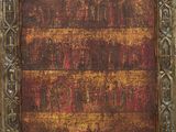 un tableau représentant un vieux cadre en bois sur fond rouge et or