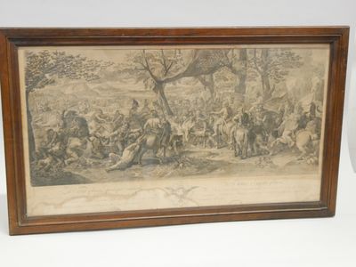 an old picture of a painting of a group of people in a wooded area