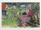 un tableau représentant une femme assise sur une chaise dans un jardin