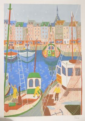a picture of a painting of boats in a harbor