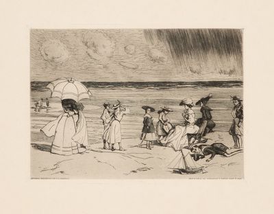 dessin représentant un groupe de personnes debout sur une plage, avec des parasols