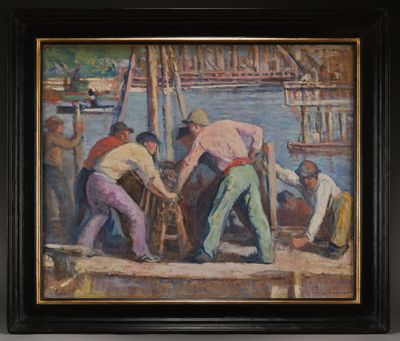 un tableau représentant un groupe d'hommes travaillant sur un bateau