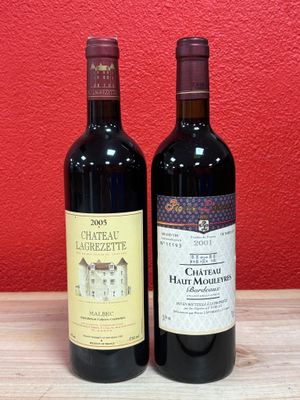 two bottles of wine on a table with a red wall in the background