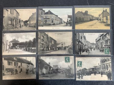 several old black and white photos of a street with buildings