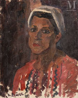 une peinture à l'huile représentant une femme vêtue d'un t-shirt rouge et d'un bandeau blanc