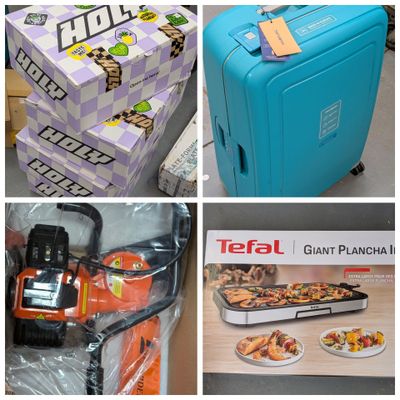 plusieurs photos représentant divers objets, notamment une valise, une boîte à pizza et un coupe-pizza