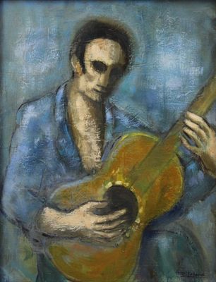 un tableau représentant un homme tenant une guitare entre ses mains