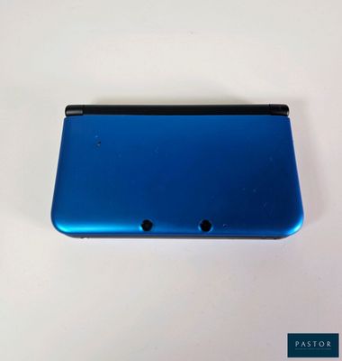 the back of a blue nintendo 3ds sitting on top of a white table