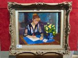 un tableau représentant une femme assise à une table en train d'écrire