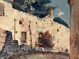 an image of a painting of a building with a tree in the background