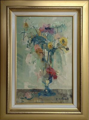 une peinture de fleurs dans un vase sur une table
