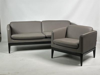 un canapé gris et un fauteuil dans une pièce blanche